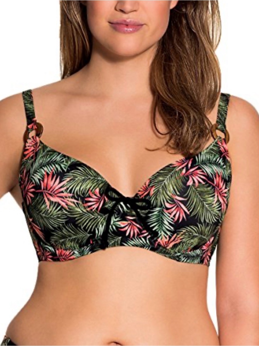 Dorina Curves Haiti Tropical Underwire Bikini Top Black with Pink & Green 34E